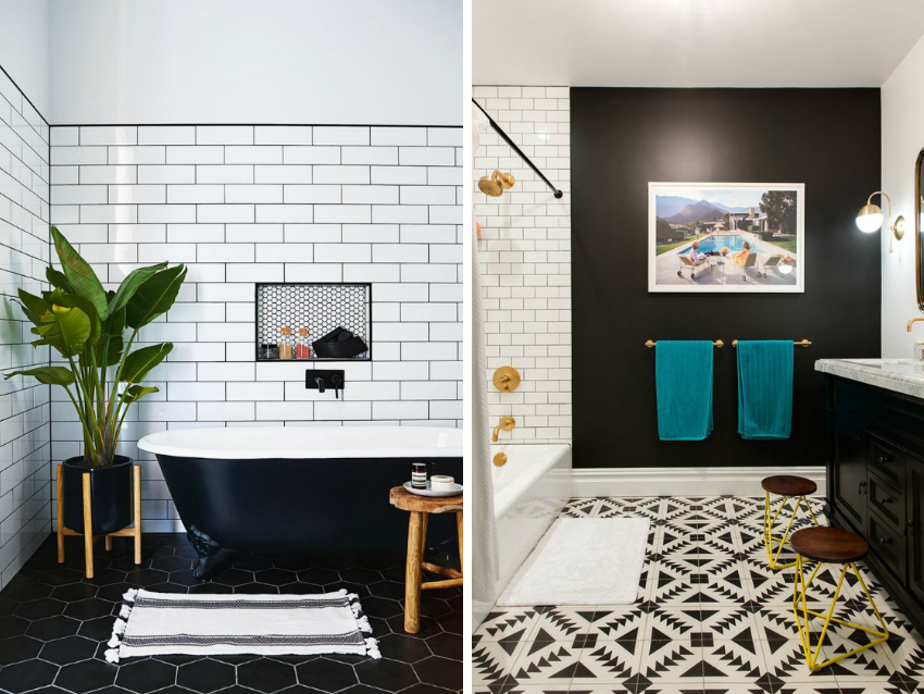 Bruken av monokrome kontrasterende fliser er en ganske populær løsning for å dekorere moderne baderomsinteriør. Bruken av monokrome kontrasterende fliser er en ganske populær løsning for å dekorere moderne baderomsinteriør.