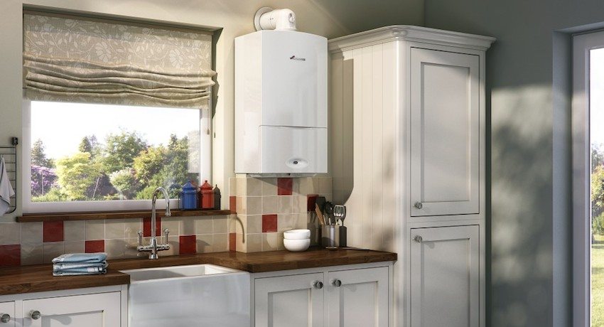 Wall mounted gas boiler fits well into the interior of the kitchen Wall mounted gas boiler fits well into the interior of the kitchen