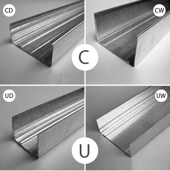 CD and CW - bearing profiles, UD and UW - guides. The letters C and U in the marking indicate the profile shape in section CD and CW - bearing profiles, UD and UW - guides. The letters C and U in the marking indicate the profile shape in section