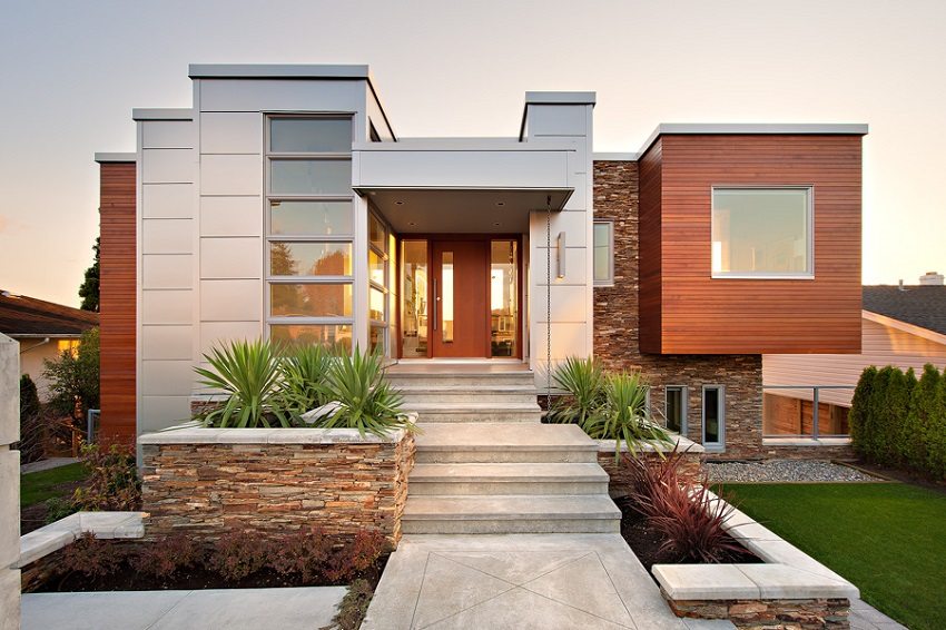 Stilig kombinasjon av forskjellige etterbehandlingsmaterialer i innredningen av et moderne hjem Stilig kombinasjon av forskjellige etterbehandlingsmaterialer i innredningen av et moderne hjem