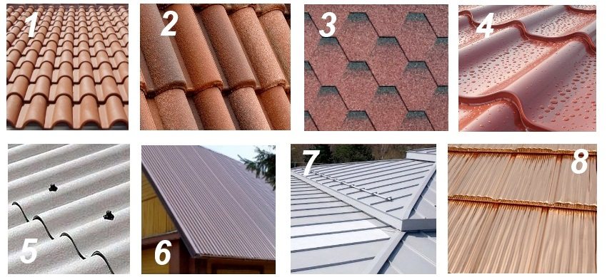 Razne vrste krovišta: 1 - keramičke pločice, 2 - pješčane pločice, 3 - mekane pločice, 4 - metalne pločice, 5 - škriljevac, 6 - valovita ploča, 7 - šavni krov, 8 - bakreni krov Razne vrste krovišta: 1 - keramičke pločice, 2 - pješčane pločice, 3 - mekane pločice, 4 - metalne pločice, 5 - škriljevac, 6 - valovita ploča, 7 - šavni krov, 8 - bakreni krov
