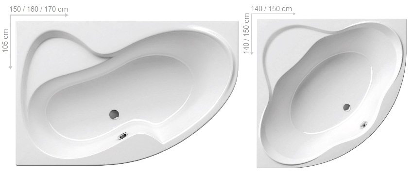 Размери на ъглови акрилни бани Размери на ъглови акрилни бани