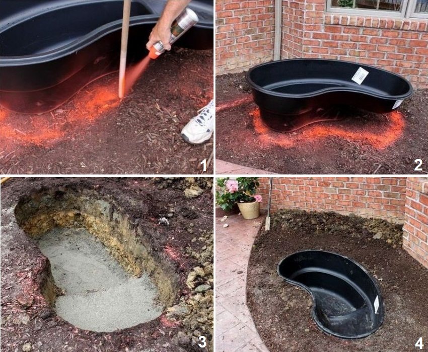 1 i 2 - wybór formy plastikowej i zaznaczenie konturu przyszłego zbiornika, 3 - przygotowanie zagłębienia, 4 - montaż formy w studzience 1 i 2 - wybór formy plastikowej i zaznaczenie konturu przyszłego zbiornika, 3 - przygotowanie zagłębienia, 4 - założenie formy w zagłębieniu