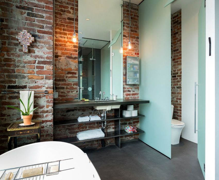 ผนังในห้องน้ำด้วยอิฐตกแต่ง ผนังในห้องน้ำด้วยอิฐตกแต่ง