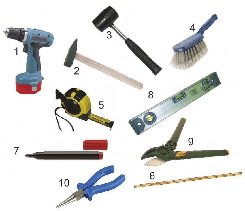 Verktøy for montering av profilerte ark: 1 - skrutrekker, 2 - hammer, 3 - gummihammer, 4 - metallbørste, 5 - målebånd, 6 - skinne, 7 - markør, 8 - vannstand, 9 - metallsaks, 10 - rund nesetang Verktøy for montering av profilerte ark: 1 - skrutrekker, 2 - hammer, 3 - gummihammer, 4 - metallbørste, 5 - målebånd, 6 - skinne, 7 - markør, 8 - vannstand, 9 - metallsaks, 10 - rund nesetang