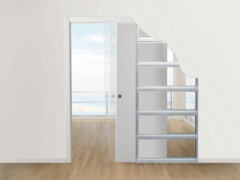 Skematisk gengivelse af placeringen af dørbladet inde i en gipsvægsskillevæg Skematisk gengivelse af placeringen af dørbladet inde i en gipsvægsskillevæg