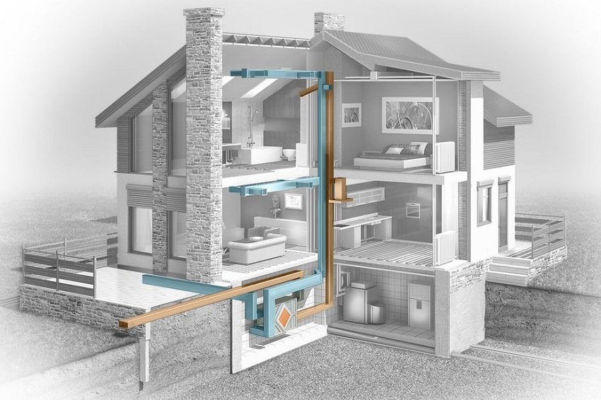 Tilførsels- og avtrekksventilasjonssystem med en rekuperator installert i kjelleren Tilførsels- og avtrekksventilasjonssystem med en rekuperator installert i kjelleren