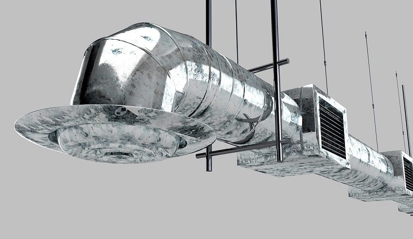 צינורות אוויר ממתכת לאוורור מחוברים על ידי תלייה על מהדקים ועל חוצים צינורות אוויר ממתכת לאוורור מחוברים על ידי תלייה על מהדקים ועל חוצים