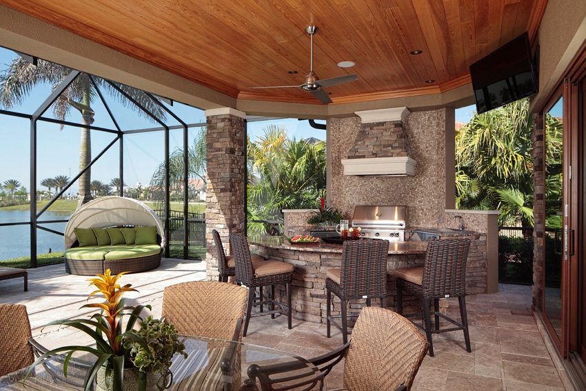 Bếp mùa hè mở được xây bằng gạch, đá và gỗ Bếp mùa hè mở được xây bằng gạch, đá và gỗ