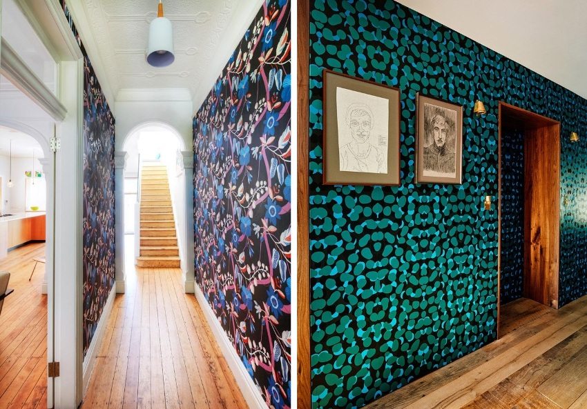 Príklady použitia jasných kontrastných tapiet v dizajne chodby Príklady použitia jasných kontrastných tapiet v dizajne chodby