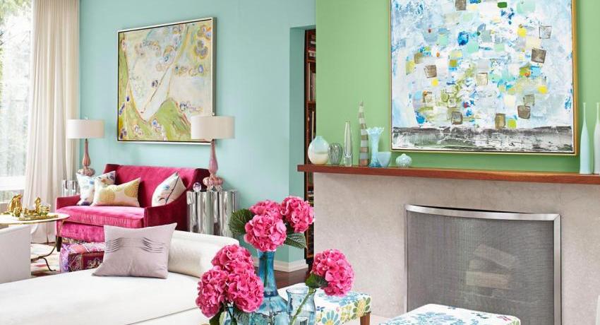 En vellykket kombination af pastelgrønne og lyseblå nuancer i stuen Maling af vægge i en lejlighed: fotoeksempler, modetrends, professionel rådgivning