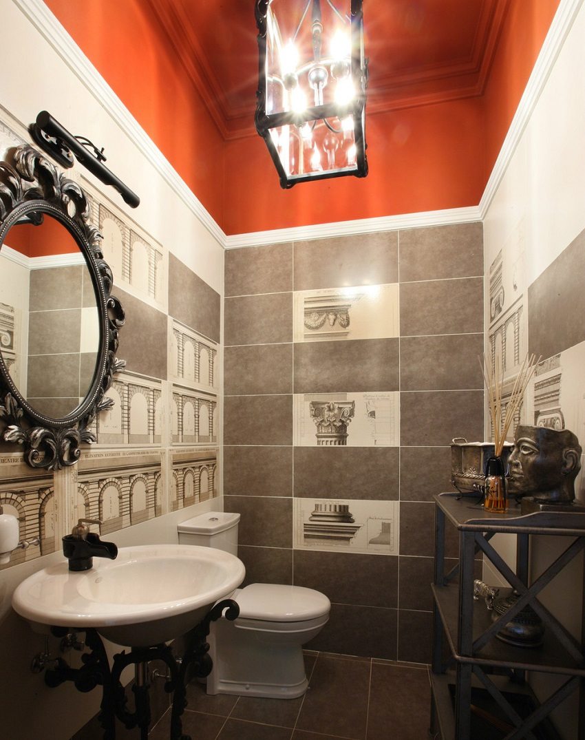 תקרת חדר אמבטיה צבועה בצבע אקרילי אדום בוהק תקרת חדר אמבטיה צבועה בצבע אקרילי אדום בוהק