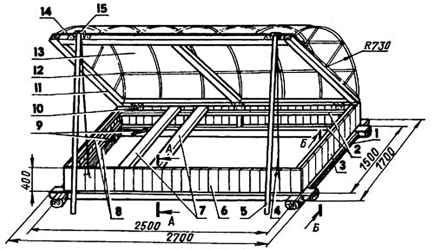 Przykład rysunku pojemnika na chleb szklarniowy w formie skrzyni: 1 - łóżko (kłoda antyseptyczna z krawędziami 120, 4 szt.); 2, 8 - opaski ścienne (drewno 35x35, 8 szt.); 3, 6 - poszycie ścian (płyta na pióro i wpust s15); 4 - linka zabezpieczająca; 5 - słup nośny (drewniany pręt 40, 2 szt.); 7 - rusztowanie technologiczne (deska 200x35); 9 - zszywki (drut 5, ilość - według potrzeb); 10 - szlufka na karty (3 szt.); 11 - opaska do ramy (drewno 40x30, 4 szt.); 12 - rama ramy (drut 5); 13 - osłona ramy; 14 - listwa dociskowa przyszybowa (szyna 20x10, 4 szt.); 15 - uchwyt (listwa stalowa 30x3, 2 szt.) Przykład rysunku pojemnika na chleb szklarniowy w formie skrzyni: 1 - łóżko (kłoda antyseptyczna z krawędziami 120, 4 szt.); 2, 8 - opaski ścienne (drewno 35x35, 8 szt.); 3, 6 - poszycie ścian (płyta na pióro i wpust s15); 4 - linka zabezpieczająca; 5 - słup nośny (drewniany pręt 40, 2 szt.); 7 - rusztowanie technologiczne (deska 200x35); 9 - zszywki (drut 5, ilość - według potrzeb); 10 - szlufka na karty (3 szt.); 11 - opaska do ramy (drewno 40x30, 4 szt.); 12 - rama ramy (drut 5); 13 - osłona ramy; 14 - listwa dociskowa przyszybowa (szyna 20x10, 4 szt.); 15 - uchwyt (listwa stalowa 30x3, 2 szt.)