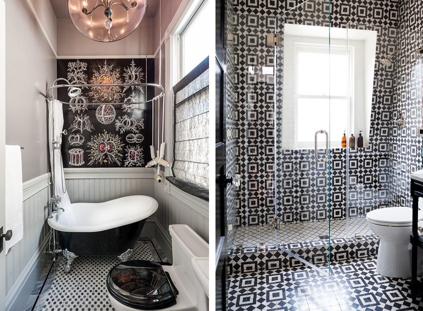 Das kombinierte Badezimmer ist in Schwarz und Weiß gehalten Das kombinierte Badezimmer ist in Schwarz und Weiß gehalten