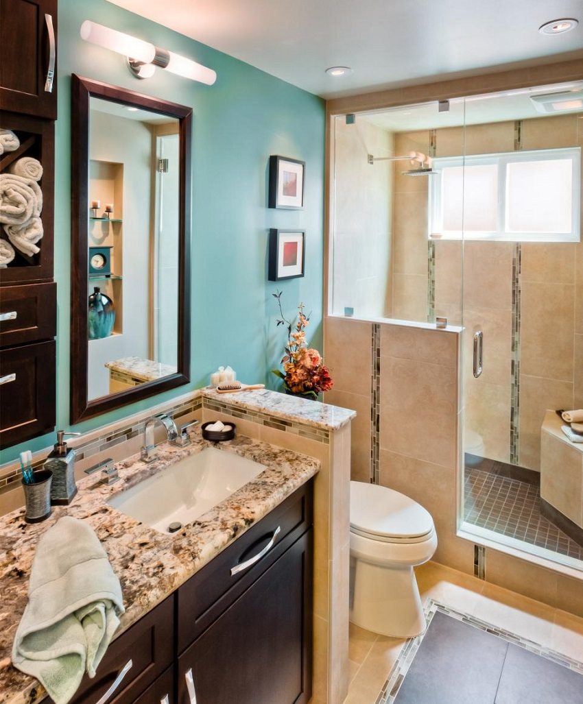 Ein Schrank mit eingebautem Waschbecken ist praktisch für die Aufbewahrung von Chemikalien und Haushaltsgeräten im Badezimmer Ein Schrank mit eingebautem Waschbecken ist praktisch für die Aufbewahrung von Chemikalien und Haushaltsgeräten im Badezimmer