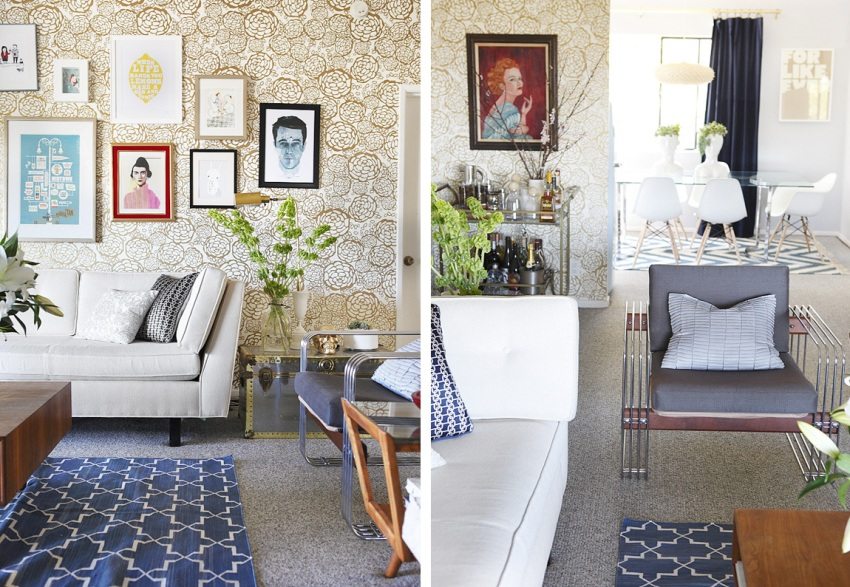 วอลล์เปเปอร์หรูหราที่มีลายนูนสีทองบนผนังห้องโถง วอลล์เปเปอร์หรูหราที่มีลายนูนสีทองบนผนังห้องโถง