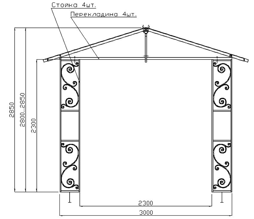Dessin d'un gazebo en métal avec des éléments forgés Dessin d'un gazebo en métal avec des éléments forgés