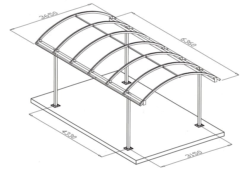 Dessin d'un gazebo en polycarbonate avec un toit en arc Dessin d'un gazebo en polycarbonate avec un toit en arc