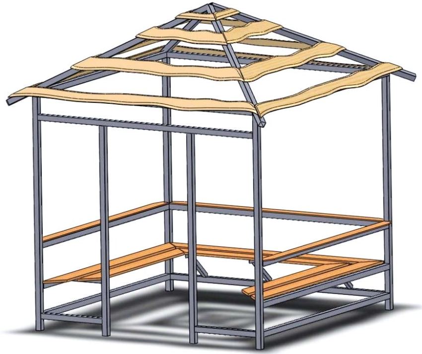 Projet de gazebo carré fait d'un tuyau métallique avec des bancs en bois Projet de gazebo carré fait d'un tuyau métallique avec des bancs en bois