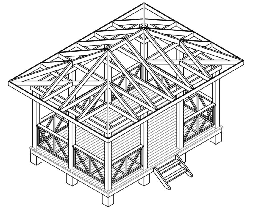 Projet de gazebo rectangulaire en bois avec une clôture et un escalier Projet de gazebo rectangulaire en bois avec une clôture et un escalier