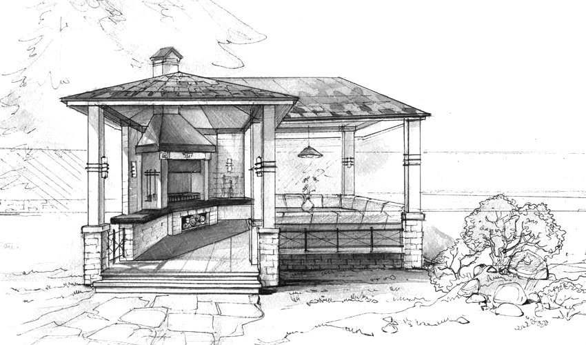Croquis d'un gazebo en brique et bois avec un barbecue et une cuisinière Esquisse d'un gazebo en brique et bois avec un barbecue et une cuisinière