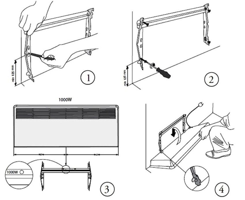 The electric convector is mounted on the wall using brackets The electric convector is mounted on the wall using brackets