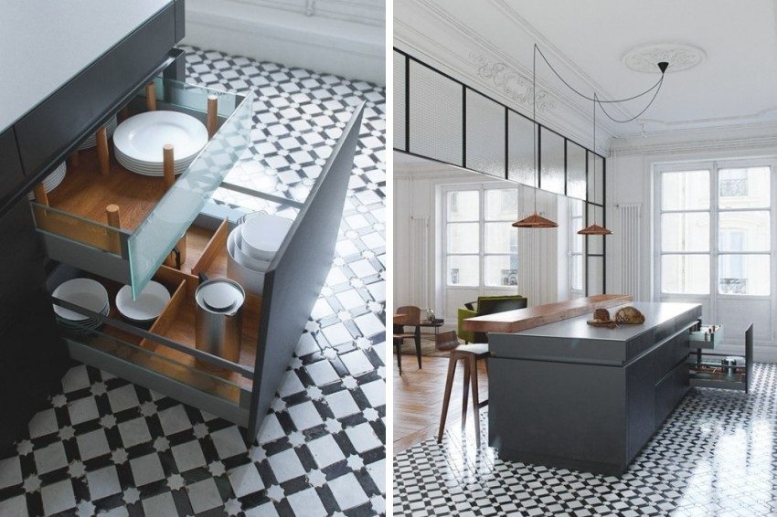 Dijagonalna pločica na podu moderne kuhinje Dijagonalna pločica na podu moderne kuhinje