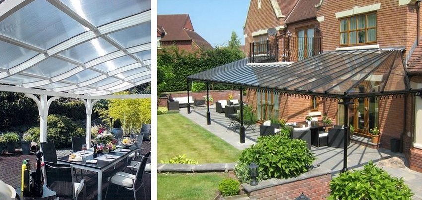 L'utilisation de polycarbonate comme revêtement vous permet de construire un auvent de n'importe quelle forme L'utilisation de polycarbonate comme revêtement vous permet de construire un auvent de n'importe quelle forme