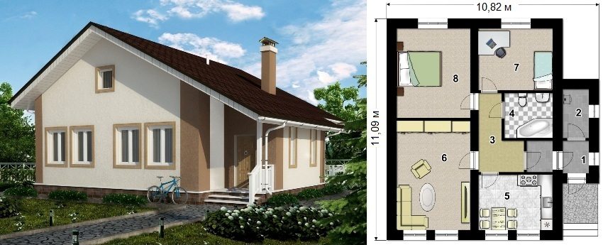 Proyekto ng isang frame house na may lugar na 82 sq.m: 1 - vestibule, 2 - boiler room, 3 - corridor, 4 - banyo, 5 - kusina, 6 - sala, 7 at 8 - kwarto Proyekto ng isang frame house na may lugar na 82 sq.m: 1 - vestibule, 2 - boiler room, 3 - corridor, 4 - banyo, 5 - kusina, 6 - sala, 7 at 8 - kwarto