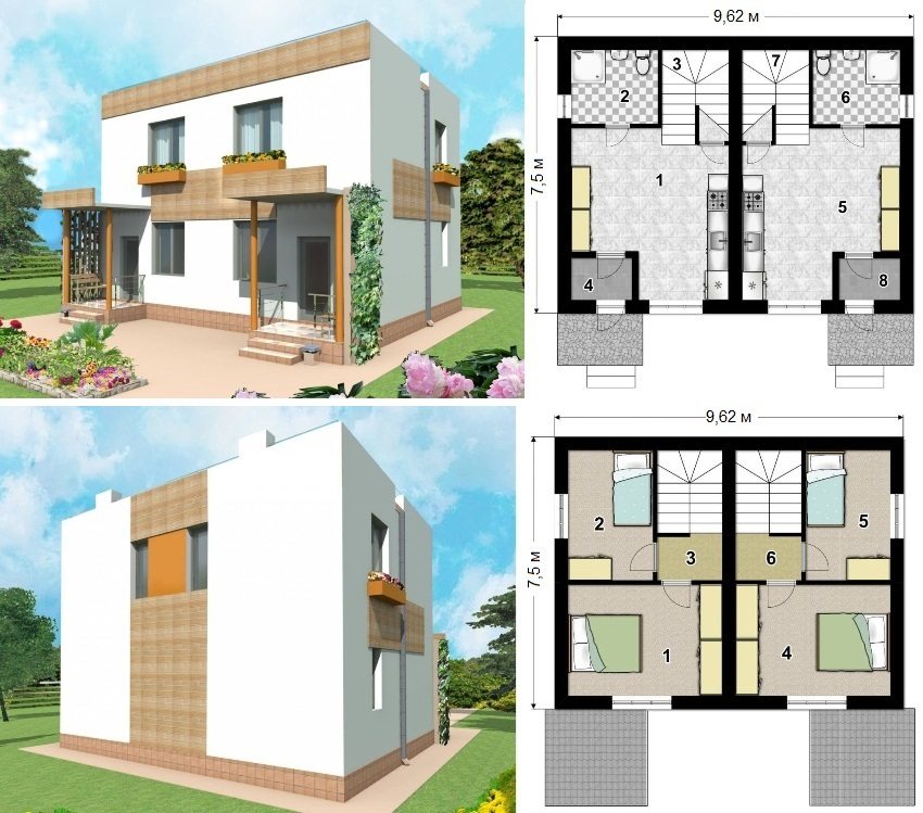 Proyekto ng isang dalawang palapag na frame house para sa 2 apartment na may sukat na 103 sq.m. Ground floor: 1 at 5 - kusina-kainan, 2 at 6 - banyo, 3 at 7 - mga hagdan, 4 at 8 - vestibule. Pangalawang palapag: 1, 2, 4 at 5 - silid-tulugan, 3 at 6 - pasilyo Proyekto ng isang dalawang palapag na frame house para sa 2 apartment na may sukat na 103 sq.m. Ground floor: 1 at 5 - kusina-kainan, 2 at 6 - banyo, 3 at 7 - mga hagdan, 4 at 8 - vestibule. Pangalawang palapag: 1, 2, 4 at 5 - silid-tulugan, 3 at 6 - pasilyo