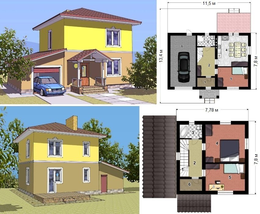 Proyekto ng isang dalawang palapag na frame house na may garahe na 112 sq.m. Ground floor: 1 - vestibule, 2 - entrance hall, 3 - banyo, 4 - kusina-kainan, 5 - silid-tulugan, 6 - garahe. Pangalawang palapag: 1 - mga hagdan, 2 - koridor, 3 - banyo, 4 at 5 - silid-tulugan, 6 - aparador Proyekto ng isang dalawang palapag na frame house na may garahe na 112 sq.m. Ground floor: 1 - vestibule, 2 - entrance hall, 3 - banyo, 4 - kusina-kainan, 5 - silid-tulugan, 6 - garahe. Pangalawang palapag: 1 - mga hagdan, 2 - koridor, 3 - banyo, 4 at 5 - silid-tulugan, 6 - aparador