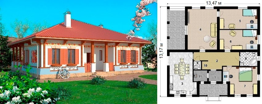 Proyekto ng isang frame house na may lugar na 122 sq.m: 1 - vestibule, 2 - entrance hall, 3 - kusina, 4 - sala, 5, 6 at 7 - silid-tulugan, 8 - banyo, 9 - banyo, 10 - aparador, 11 - boiler room Proyekto ng isang frame house na may lugar na 122 sq.m: 1 - vestibule, 2 - entrance hall, 3 - kusina, 4 - sala, 5, 6 at 7 - silid-tulugan, 8 - banyo, 9 - banyo, 10 - aparador, 11 - boiler room