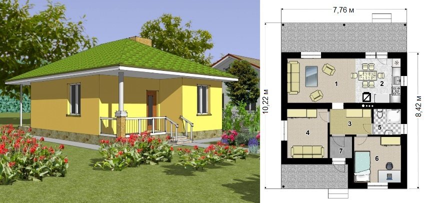 Proyekto ng isang frame house na may lugar na 49.3 sq.m: 1 - sala, 2 - kusina, 3 - entrance hall, 4 - kwarto, 5 - banyo, 6 - kwarto, 7 - vestibule Proyekto ng isang frame house na may lugar na 49.3 sq.m: 1 - sala, 2 - kusina, 3 - entrance hall, 4 - kwarto, 5 - banyo, 6 - kwarto, 7 - vestibule