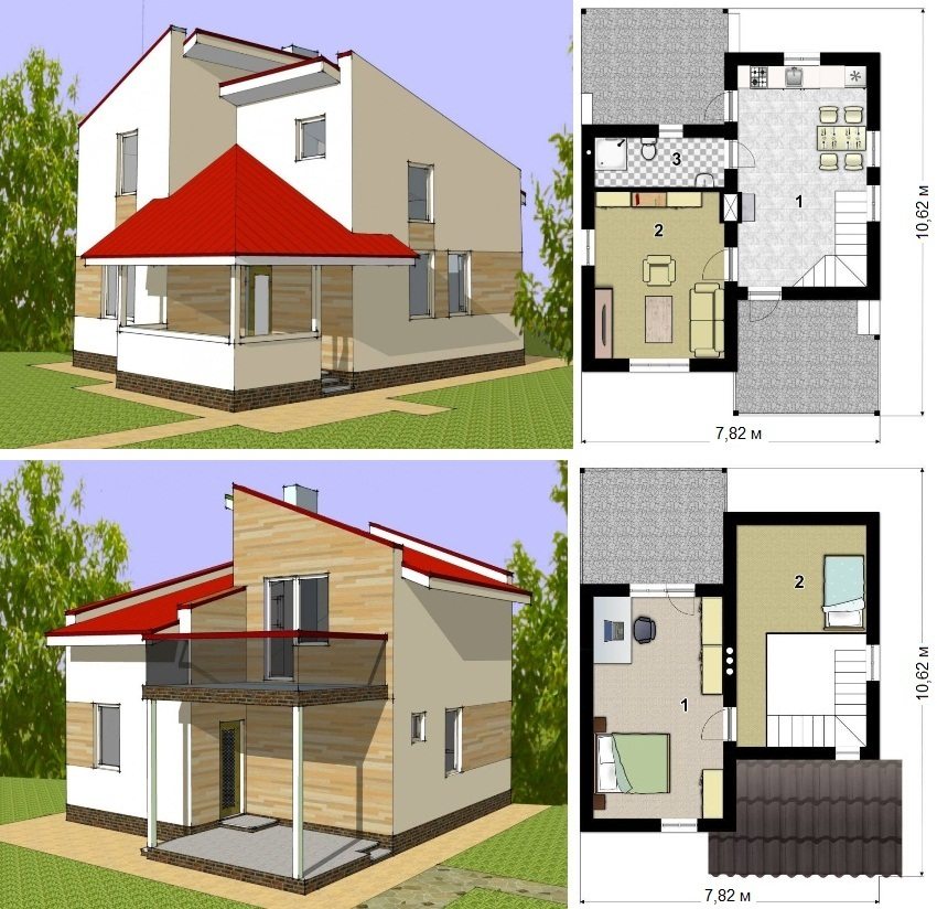 Proyekto ng isang dalawang palapag na frame house na may sukat na 67 sq.m. Ground floor: 1 - kusina-kainan, 2 - sala, 3 - banyo. Attic: 1 at 2 - kwarto Proyekto ng isang dalawang palapag na frame house na may sukat na 67 sq.m. Ground floor: 1 - kusina-kainan, 2 - sala, 3 - banyo. Attic: 1 at 2 - kwarto