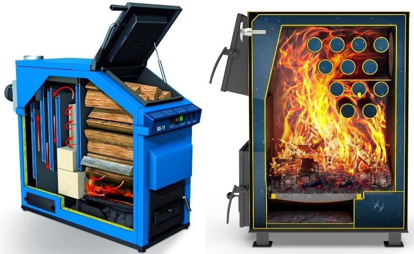 Schnittansicht eines traditionellen Festbrennstoffkessels (links) und eines langbrennenden Festbrennstoffkessels (rechts) Schnittansicht eines traditionellen Festbrennstoffkessels (links) und eines langbrennenden Festbrennstoffkessels (rechts)