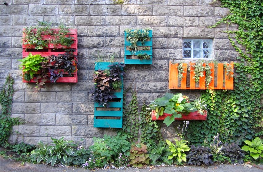 Lodret blomsterbed lavet af træpaller Lodret blomsterbed lavet af træpaller
