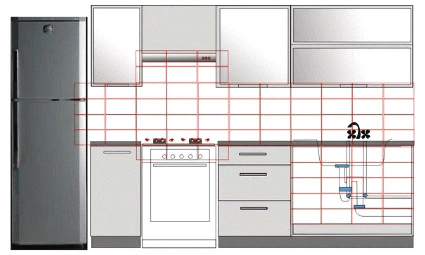 תכנית פניה לסינר מטבח עם הנחת אריחים מאחורי הכיריים והכיור תכנית פניה לסינר מטבח עם הנחת אריחים מאחורי הכיריים והכיור
