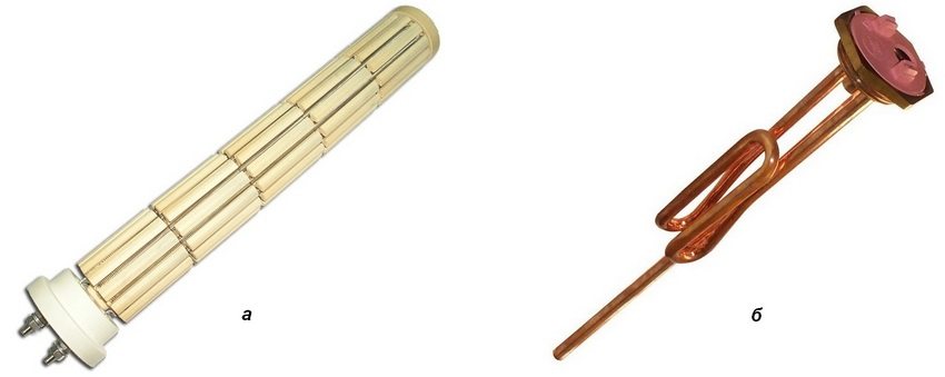 Видове нагревателни елементи за бойлери: а - сух нагревателен елемент; б - мокър десет Видове нагревателни елементи за бойлери: а - сух нагревателен елемент; б - мокър десет