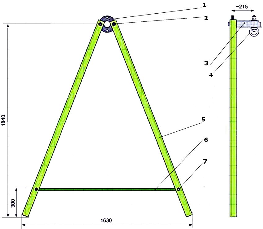 Kaavio metallista keinurungosta A-muotoisilla pylväillä: 1 - laippa; 2 - mutteri; 3 - poikkipalkki; 4 - silmämutteri; 5 - tukirungon tuki; 6 - kehystuki; 7 - pultti Kaavio metallista keinurungosta A-muotoisilla pylväillä: 1 - laippa; 2 - mutteri; 3 - poikkipalkki; 4 - silmämutteri; 5 - tukirungon tuki; 6 - kehystuki; 7 - pultti