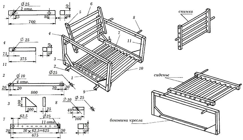 Pagguhit ng isang upuan na may likod at mga sidewalls para sa isang swing (cm): 1 - pahalang na elemento ng sidewall - 4 na mga PC. (5x5x70); 2 - pagkonekta ng baras - 3 mga PC. (d = 2.5 cm, 80 cm ang haba); 3 - nagpapatibay ng parisukat - 4 na mga PC. (2.5x10x10); 4, 11 - mga elemento ng patayo na sidewall - 4 na mga PC. (5x5x37.5); 5 - elemento ng backrest frame - 2 mga PC. (5x5x37.5); 6 - elemento ng backrest at upuan ng sala-sala - 13 mga PC. (d = 2.5 cm, 58 cm ang haba); 7 - elemento ng frame ng upuan - 2 mga PC. (5x5x67.5); 8 - gabay sa suspensyon ng kurdon - 2 mga PC. (d = 2.5 cm, 10 cm ang haba); 9 - pin - 4 na mga PC. (d = 1 cm, 7 cm ang haba); 10 - upuan salansan (d = 2.5 cm, haba 68 cm) Pagguhit ng isang upuan na may likod at mga sidewalls para sa isang swing (cm): 1 - pahalang na elemento ng sidewall - 4 na mga PC. (5x5x70); 2 - pagkonekta ng baras - 3 mga PC. (d = 2.5 cm, 80 cm ang haba); 3 - nagpapatibay ng parisukat - 4 na mga PC. (2.5x10x10); 4, 11 - mga elemento ng patayo na sidewall - 4 na mga PC. (5x5x37.5); 5 - elemento ng backrest frame - 2 mga PC. (5x5x37.5); 6 - elemento ng backrest at upuan ng sala-sala - 13 mga PC. (d = 2.5 cm, 58 cm ang haba); 7 - elemento ng frame ng upuan - 2 mga PC. (5x5x67.5); 8 - gabay sa suspensyon ng kurdon - 2 mga PC. (d = 2.5 cm, 10 cm ang haba); 9 - pin - 4 na mga PC. (d = 1 cm, 7 cm ang haba); 10 - upuan salansan (d = 2.5 cm, haba 68 cm)