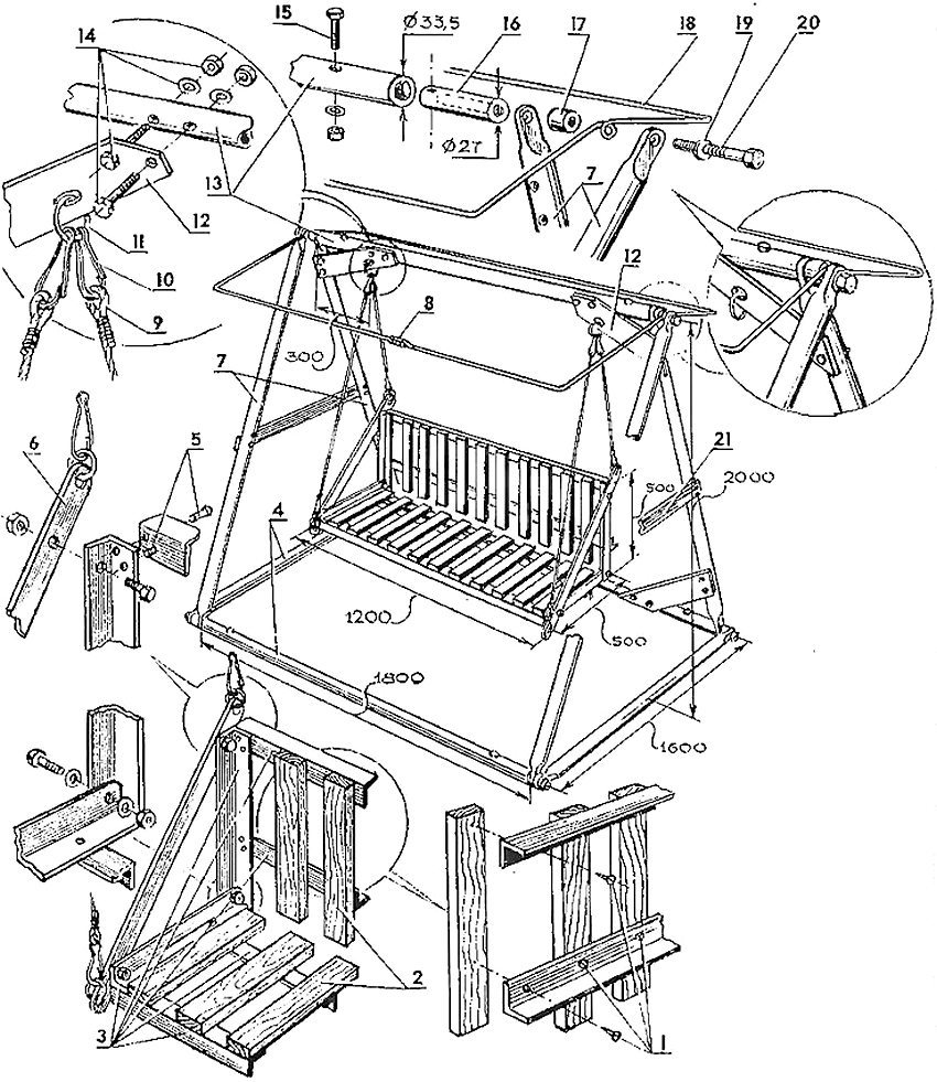 Diagram ng aparato ng swing swing sa hardin: 1 - mga turnilyo para sa pangkabit ng backrest at mga strip ng upuan; 2 - mga piraso; 3 - mga sulok ng tumba frame ng upuan; 4 - bar ng base ng swing farm; 5 - mga rivet; 6 - pagkonekta ng strip ng higpit ng upuan at suspensyon ng upuan; 7 - mga gilid na baras ng swing farm; 8 - koneksyon ng mga dulo ng frame ng suporta ng awning; 9 - kurdon para sa suspensyon ng tumba upuan; 10 - karbin; 11 - singsing; 12 - gusset-brace; 13 - itaas na bar ng swing farm; 14 - pagkonekta ng mga bolt sa mga washer at mani; 15 - ipasok ang pag-aayos ng bolt; 16 - ipasok sa isang butas at panloob na thread para sa isang pagkonekta na bolt; 17 - malawak na spacer washer; 18 - frame ng suporta para sa awning; 19 - washer; 20 - bolt na kumokonekta sa itaas na bar na may mga gilid; 21 - crossbar - 2 mga PC. (steel strip na may bolts) Diagram ng aparato ng swing swing sa hardin: 1 - mga turnilyo para sa pangkabit ng backrest at mga strip ng upuan; 2 - mga piraso; 3 - mga sulok ng tumba frame ng upuan; 4 - bar ng base ng swing farm; 5 - mga rivet; 6 - pagkonekta ng strip ng higpit ng upuan at suspensyon ng upuan; 7 - mga gilid na baras ng swing farm; 8 - koneksyon ng mga dulo ng frame ng suporta ng awning; 9 - kurdon para sa suspensyon ng tumba upuan; 10 - karbin; 11 - singsing; 12 - gusset-brace; 13 - itaas na bar ng swing farm; 14 - pagkonekta ng mga bolt sa mga washer at mani; 15 - ipasok ang pag-aayos ng bolt; 16 - ipasok sa isang butas at panloob na thread para sa isang pagkonekta na bolt; 17 - malawak na spacer washer; 18 - frame ng suporta para sa awning; 19 - washer; 20 - bolt na kumokonekta sa itaas na bar na may mga gilid; 21 - crossbar - 2 mga PC. (steel strip na may bolts)