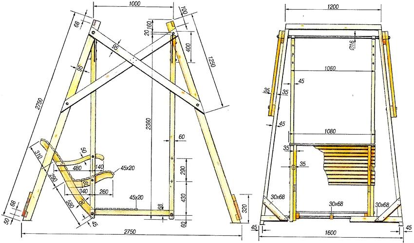 Diagram ng isang kahoy na aparato na swing na may sukat Diagram ng isang kahoy na aparato na swing na may sukat