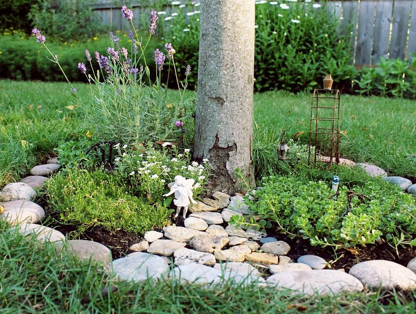 Pyöristetty kukkapenkki, kauniisti kehystävä puu Pyöristetty kukkapenkki, kauniisti kehystävä puu