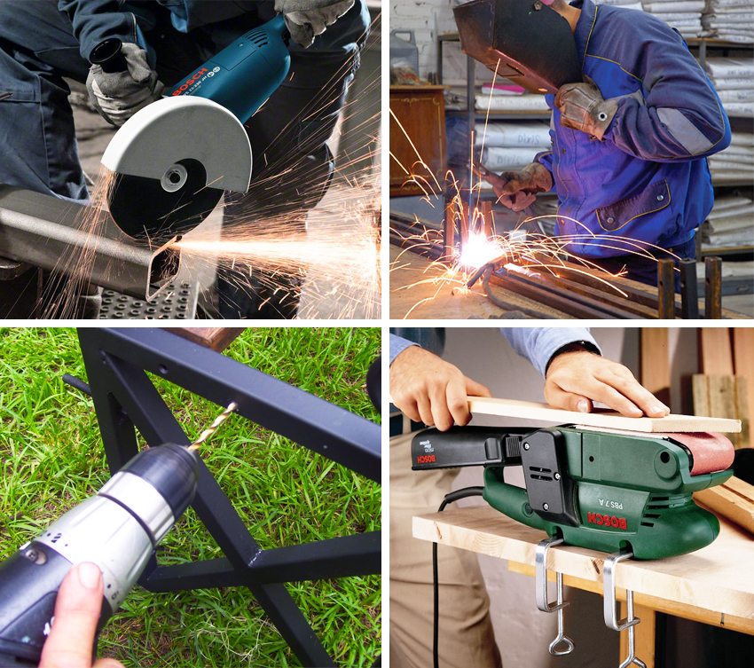 Å lage en benk krever spesialverktøy for skjæring og sveising av metall, boring av hull og sliping av tre Å lage en benk krever spesialverktøy for skjæring og sveising av metall, boring av hull og sliping av tre