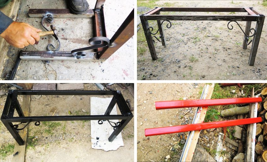 Å lage en benk fra et formet rør. Trinn 3: installasjon av smidde elementer; sliping av sveisede sømmer; maling av metallramme og trebjelker Å lage en benk fra et formet rør. Trinn 3: installasjon av smidde elementer; sliping av sveisede sømmer; maling av metallramme og trebjelker
