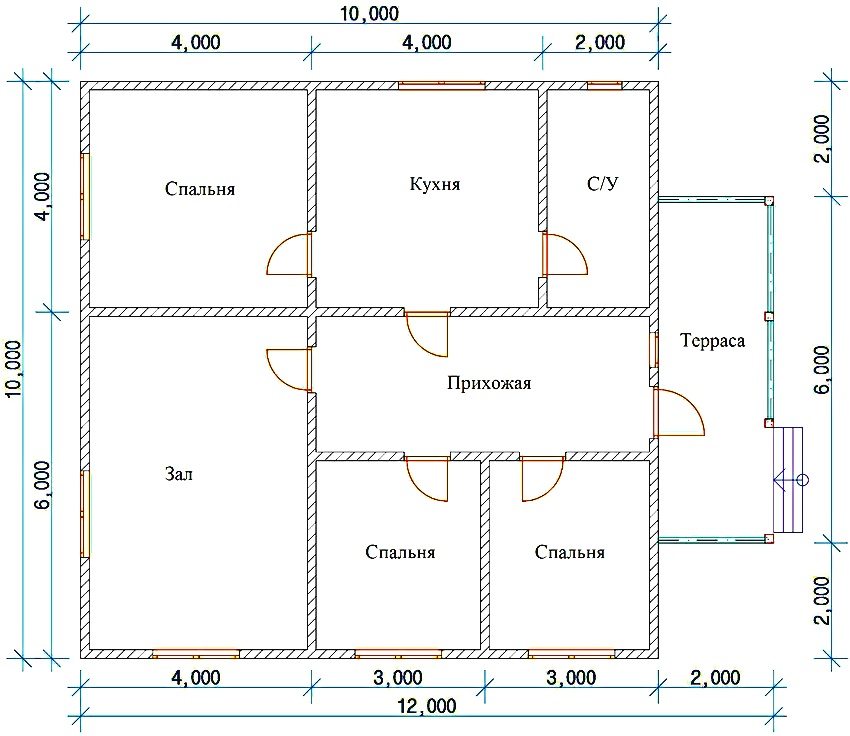 Plantegning av et etasjes hus med tre soverom, 10x12 m Plantegning av et etasjes hus med tre soverom, 10x12 m