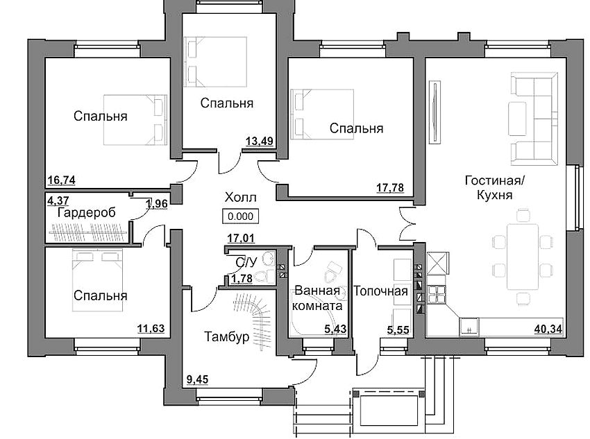 Utforming av et etasjes hus med et areal på 150 kvm, designet for en stor familie Utforming av et etasjes hus med et areal på 150 kvm, designet for en stor familie