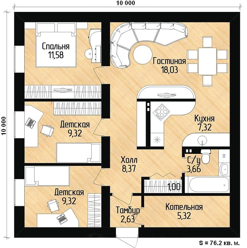 Et eksempel på en vellykket layout av et enetasjes hus 10x10 Et eksempel på en vellykket layout av et enetasjes hus 10x10