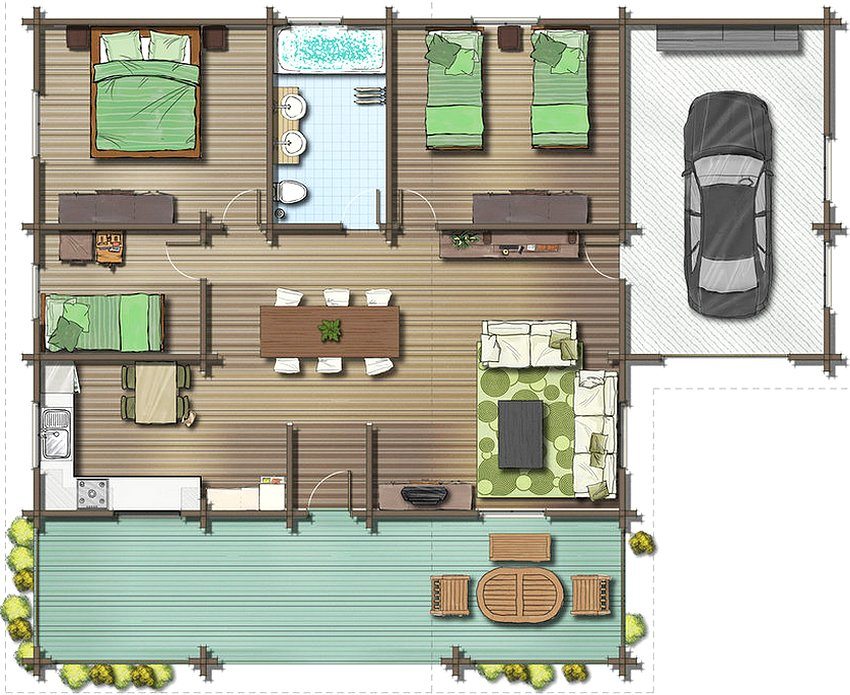 Utforming av et etasjes hus 8 til 10 m med garasje og stor terrasse Utforming av et etasjes hus 8 til 10 m med garasje og stor terrasse