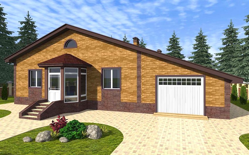 3D-prosjekt av et-etasjes hus med loft og garasje 3D-prosjekt av et-etasjes hus med loft og garasje